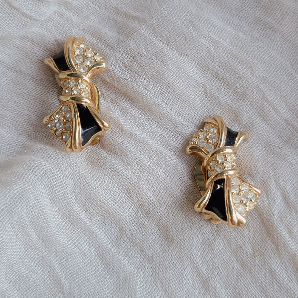 Vintage 1990s‎ Swarovski Clip-On Earrings Black Gold Crystal Bow Glam